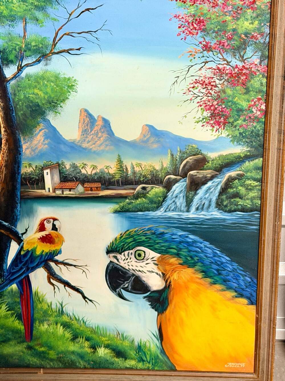 J. Mendez Glez 1999 Signed Original Oil Painting of Tropical Macaws with Waterfa